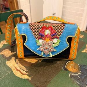 Mary Frances Blue and Orange Embroidered Clutch